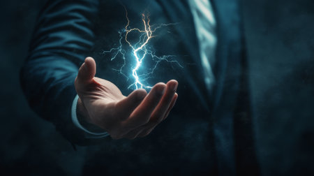A determined businessman holds a vibrant electric lightning bolt, symbolizing the immense power and innovative spirit in a modern corporate environment, showcasing success and creativityの素材