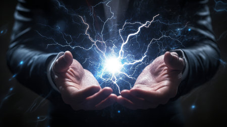 A determined businessman firmly grasps a powerful electric bolt in his hands, representing innovation and high energy. The dramatic lighting highlights the intensity and impact of his bold actionの素材