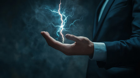 In a corporate environment, a businessman is powerfully illustrated holding a bold and striking lightning bolt, representing immense power, dynamic energy, and vast potential for successの素材
