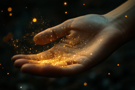 This stunning image captures a delicate hand radiating enchanting light and scattering sparkling dust, evoking a deep sense of wonder, awe, and mystery that captivates the viewers imaginationの素材