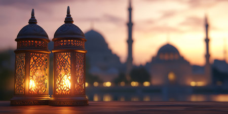 Elegant lanterns illuminate the tranquil mosque, representing rich Islamic traditions and embodying values of peace, community, and joy during faithfilled celebrations and eventsの素材