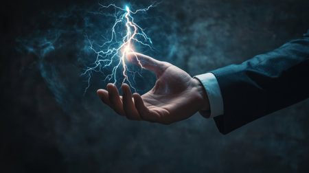 A determined businessman holds a striking electric bolt, symbolizing immense power, groundbreaking innovation, and the dynamic potential that drives progress and success in todays worldの素材