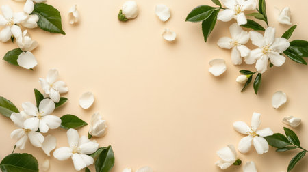 A flat lay of jasmine flowers and lush green leaves on a beige backdrop creates a calming aesthetic, evoking peace and relaxationperfect for home decor or special occasions, inspiring daily lifeの素材