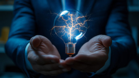 A businessman holds a glowing light bulb, symbolizing innovation and the power of creative ideas. The light represents boundless creativity and infinite potential in the dynamic corporate worldの素材