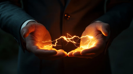 A businessman confidently holds a bolt of electricity firmly in both of his hands, representing the fusion of innovation and sheer power that drives success in the competitive corporate worldの素材