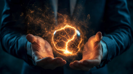 A businessman holds a glowing orb of electric energy, symbolizing innovations power. This visual captures endless potential and modernity, reflecting a bold, forwardthinking approach in businessの素材