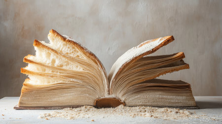 An imaginative scene presents an open book made of fresh bread slices, blending culinary art and surrealism. Flour and kitchen tools enhance its charm, inviting viewers into a creative worldの素材