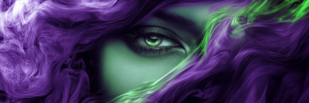 An entrancing eye appears amidst a swirling cloud of vibrant purple and green smoke, invoking deep mystery and allureの素材