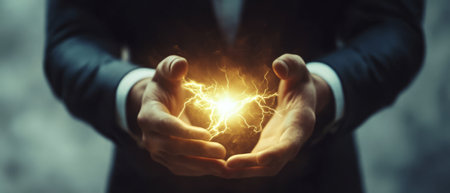 A businessman confidently holds a glowing bolt of electricity in his hands, representing power, innovation, and the immense potential within a fastpaced dynamic environment filled with opportunitiesの素材