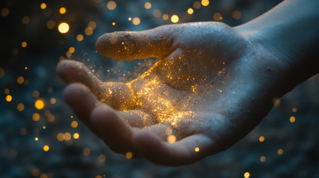 A mesmerizing hand gently cradles a magical light while sparkling dust dances around, evoking a profound sense of wonder and enchantment within a beautifully mystical atmosphere filled with charmの素材