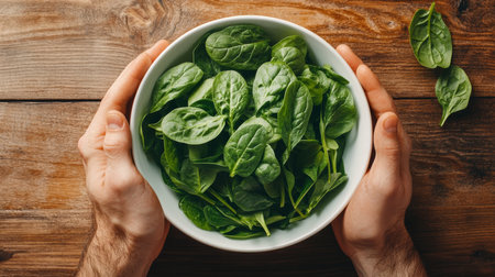 A colorful bowl of fresh spinach symbolizes health and nutrition. This dish suits those seeking a wholesome diet with organic choices and tasty vegetarian meals full of flavor and nutrientsの素材