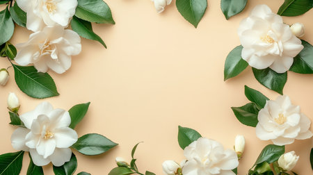 An elegant flat lay composition featuring delicate jasmine flowers beautifully arranged alongside lush green leaves set against a soft beige backdrop, an ideal choice for captivating botanical themesの素材