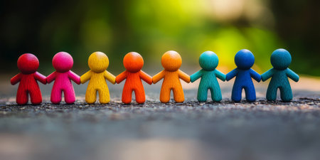 This colorful artwork highlights themes of unity and diversity, showing figures joyfully holding hands to symbolize collaboration, friendship, and a strong sense of community and togethernessの素材