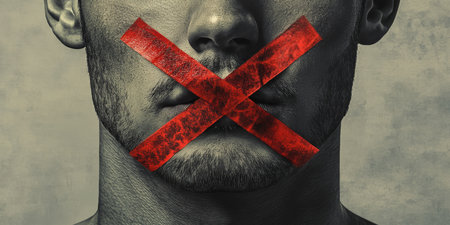 A man with red tape over his mouth symbolizes censorship, highlighting the limitations on free expression in a society where many voices are silenced by complex forces and influencesの素材