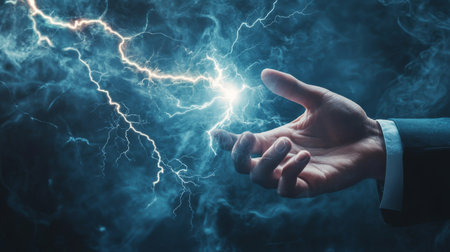 A confident businessman stands boldly with a lightning bolt, symbolizing the immense power, innovation, and dynamic energy that define modern business practices and strategies for successの素材