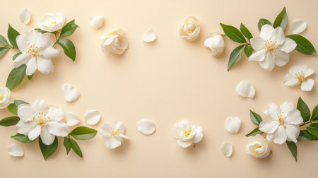 A beautifully arranged flat lay of jasmine blossoms and lush green leaves on a soothing beige backdrop, creating a tranquil atmosphere ideal for relaxation and a genuine sense of peaceの素材