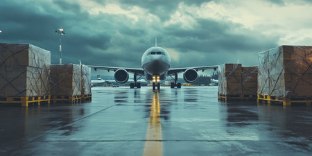 A large cargo aircraft is seen on a rainsoaked runway, showcasing the vital role that aviation plays in the realm of global logistics, which enables efficient freight transportation across the worldの素材