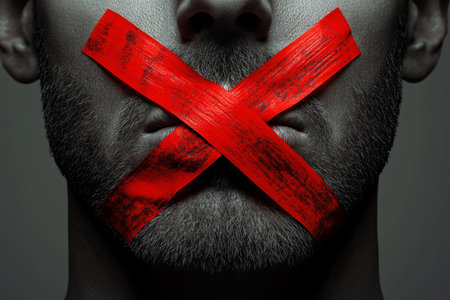 This vivid image of red tape across a mans mouth symbolizes the suppression of free speech, highlighting ongoing censorship struggles and the importance of communication in a democratic societyの素材