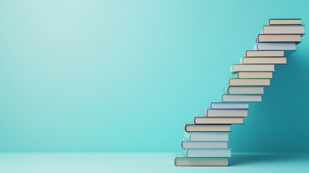 This artwork provides a creative depiction of stacked books arranged elegantly in a curve, symbolizing the themes of learning and progression in a stylish, futuristic manner that captivates youの素材