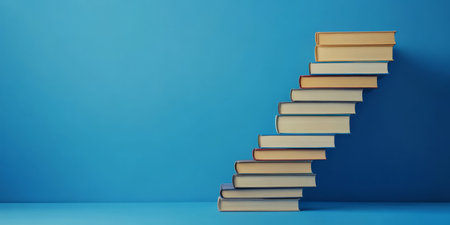 A colorful stack of creatively arranged books symbolizes an inspiring learning journey, set against a vibrant blue background, evoking elegance, motion, and motivation for growth in educationの素材