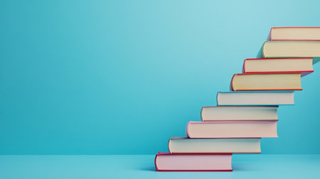 A visually striking arrangement of neatly stacked books that symbolize the concepts of progression and ongoing learning, all set against a smooth and calming blue backdrop that enhances the sceneの素材