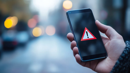 A smartphone prominently displays a warning symbol, which serves as an important signal to exercise caution regarding potential risks and dangers associated with financial matters and investmentsの素材