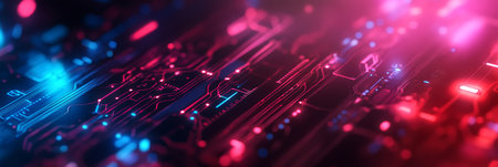 This vibrant digital background features dynamic circuits and glowing lights, ideal for themes like technology, AI, data analysis, and graphic design, reflecting a modern, futuristic aestheticの素材