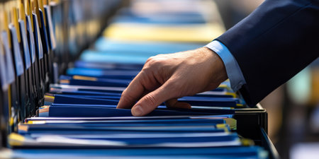 This image depicts a detailed inspection of organized audit records, emphasizing accuracy and compliance in business evaluationsの素材