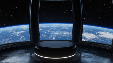A breathtaking and captivating view from a futuristic scifi space station, showcasing the beautiful...