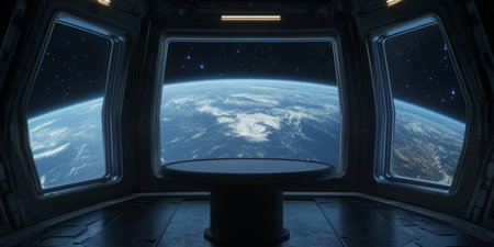 This futuristic space station offers stunning views of Earth, perfect for immersing in science fiction themes and serving as a backdrop for educational presentations on space explorationの写真素材