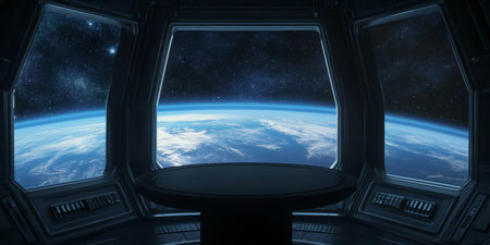 A stunning view from a futuristic space station shows the vibrant blue planet Earth against a backdrop of twinkling stars, ideal for scifi themes and inspiring future space explorationの写真素材