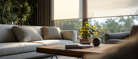 This contemporary living room beautifully showcases an exquisite selection of luxury fabrics,...