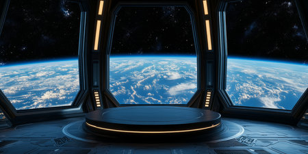 The interior of a modern space station provides stunning views of Earth, making it perfect for scifi themes and inspiring futuristic presentations that ignite imagination and creativityの写真素材