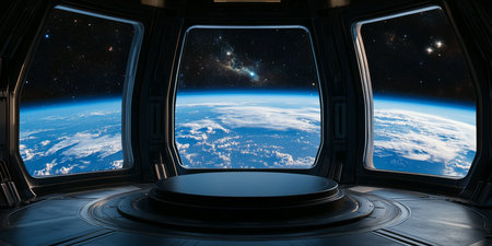 A stunning view from a space station featuring large windows showcasing Earth, perfect for scifi...