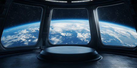 A breathtaking view from a futuristic space station showcases vibrant Earth against the vastness of space, inviting viewers to imagine limitless possibilities beyond our atmosphereの写真素材