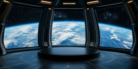 A breathtaking and visually striking futuristic space station that offers panoramic views of Earth,...