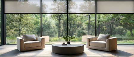 Experience luxury living with automated roller blinds framing a stunning garden view, paired with...