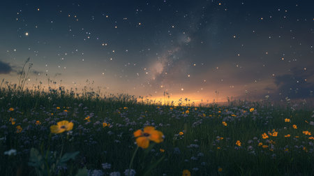 On a tranquil night, the starry sky casts a gentle glow over a colorful flower field, showcasing the enchanting magic of warm summer nights and the splendor of nature for a captivating viewの素材