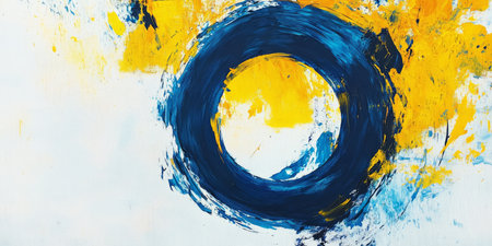 This stunning modern masterpiece features fluid geometric shapes and a blend of serene blues and vibrant yellows, creating a captivating visual experience that evokes calmness and invites reflectionの素材