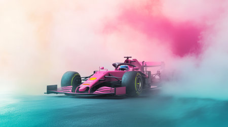 A stunning and vibrant Formula 1 race car commands attention as it takes center stage, showcasing incredible speed and immense power amidst vibrant and colorful smoke on the thrilling racing circuitの素材