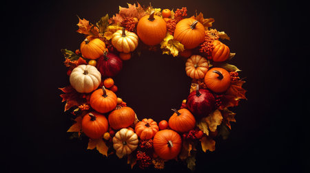 A stunningly arranged autumn wreath that features a mix of vibrant pumpkins and colorful leaves, making it the perfect addition for both Halloween and Thanksgiving themed decor throughout the seasonの素材