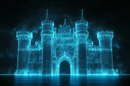 Behold a stunning holographic design of a bluelit castle on a black backdrop, showcasing intricate architecture that enhances its mystical allure and charms viewers into its enchanting worldの素材