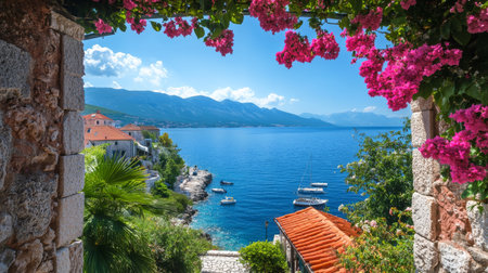 The view shows a charming house with a red roof, surrounded by pink flowers, overlooking the calm blue sea in a picturesque European village perfect for relaxation and explorationの素材