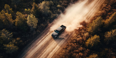 An aerial shot shows a black pickup truck skillfully driving a winding dirt road through a dense forest, kicking up dust and highlighting the beauty of nature in a stunning outdoor sceneの素材
