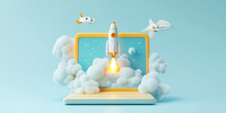 This illustration shows a rocket launching from a laptop screen, surrounded by fluffy clouds, symbolizing the potential of innovation and creativity against a vivid blue backgroundの素材