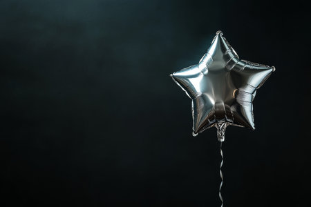A gleaming silver starshaped balloon floats gracefully and elegantly against a dark background, bathed in soft light, which creates a truly enchanting and dreamy atmosphere thats simply magicalの素材