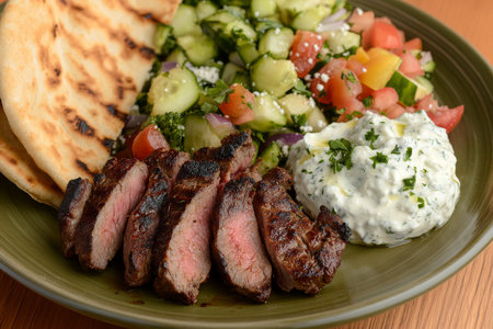 Indulge in a mouthwatering Greek lamb souvlaki plate that comes accompanied by warm pita bread, creamy tzatziki sauce, and a vibrant fresh Greek salad. Its a perfect choice for a flavorful mealの素材