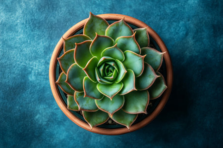 A vibrant blue echeveria succulent in a terracotta pot shows its symmetrical leaves and rich colors from above, creating a serene atmosphere that pleases the eye and soothes the sensesの素材