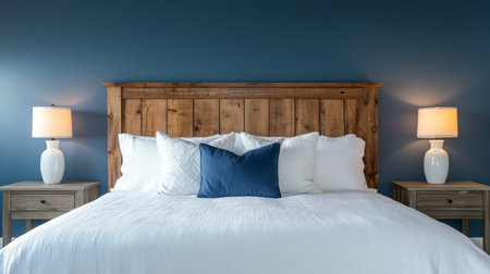The serene bedroom is elegantly designed with a charming wooden headboard, crisp white bedding, and calming blue walls, making it an ideal space for both relaxation and creative inspirationの素材