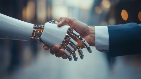 A robotic hand and a human hand engaging in a firm handshake, representing trust, collaboration, partnership, and modernday business collaborations within the rapidly evolving technology sectorの素材